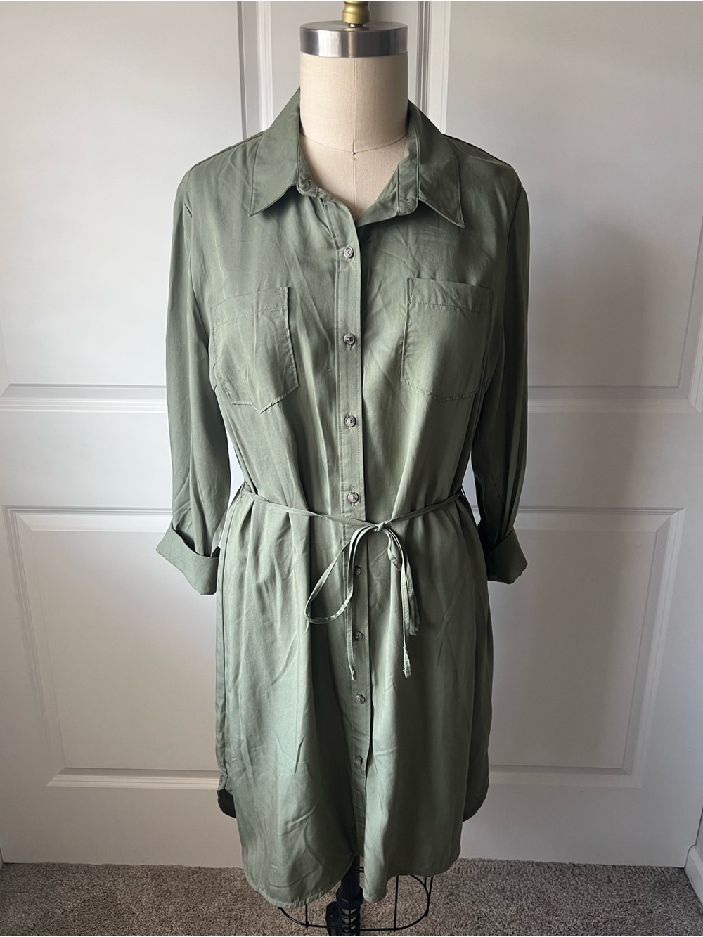 Olive Green Button-Front Shirt Dress with Tie Waist
